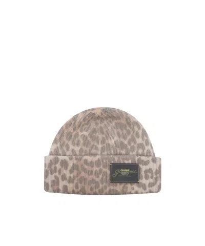 Ganni Womens Leopard Graphic Print Wool Blend Beanie In Brown
