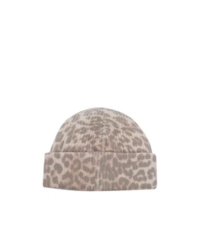 Ganni Womens Leopard Graphic Print Wool Blend Beanie In Brown