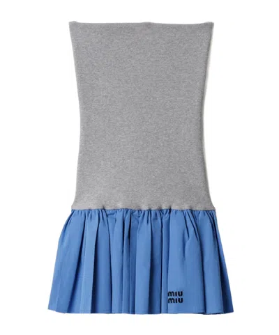 Miu Miu Pleated Two-tone Mini Skirt With Poplin And Jersey In Gray