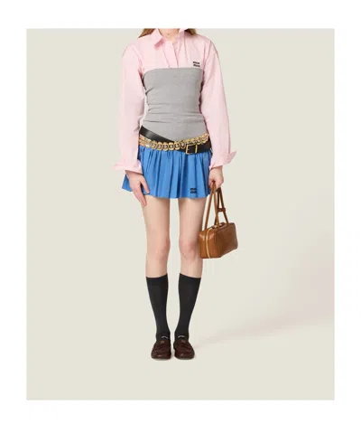 Miu Miu Pleated Two-tone Mini Skirt With Poplin And Jersey In Gray