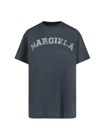 Maison Margiela Blue Crewneck T-shirt With Logo Lettering Print In Cotton Woman