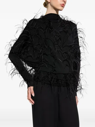 Lapointe Jersey Blouson Top With Feathers In Black