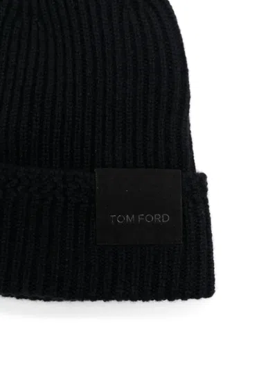 Tom Ford Mens Black Logo-patch Ribbed Cashmere-knit Beanie Hat In Black