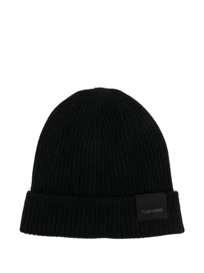 Tom Ford Mens Black Logo-patch Ribbed Cashmere-knit Beanie Hat In Black