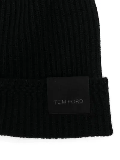 Tom Ford Mens Black Logo-patch Ribbed Cashmere-knit Beanie Hat In Black