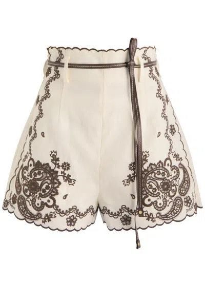 Zimmermann Ascension Embroidered Short Ivory Chocolate In Multi