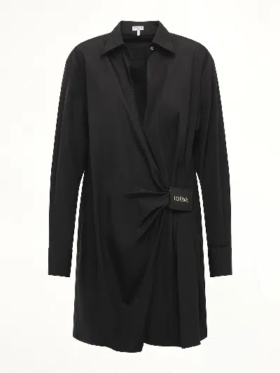 Loewe Wrap-effect Leather-trimmed Draped Cotton-poplin Mini Shirt Dress In Black