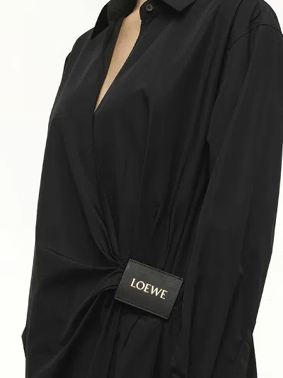 Loewe Wrap-effect Leather-trimmed Draped Cotton-poplin Mini Shirt Dress In Black