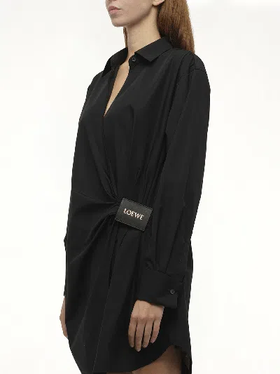 Loewe Wrap-effect Leather-trimmed Draped Cotton-poplin Mini Shirt Dress In Black