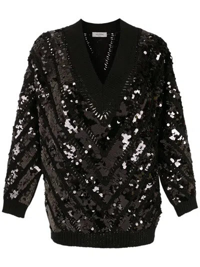 Valentino Sequin-embellished V-neck Jumper In Black