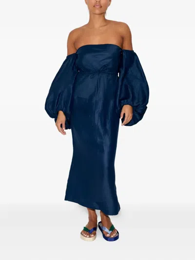 Rosie Assoulin Balloon-sleeve Off-the-shoulder Linen Midi Dress In Blue