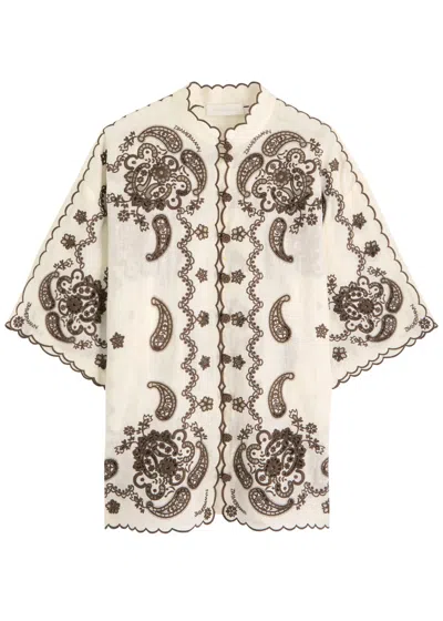 Zimmermann Ascension Leather-trimmed Broderie Anglaise Linen Shirt