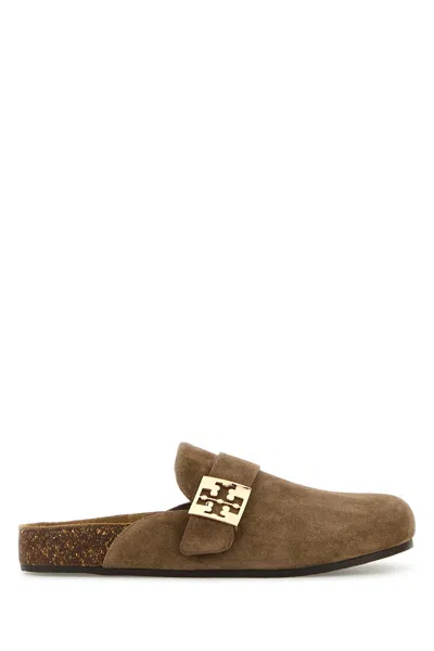 Tory Burch Mellow Suede Buckle Slide Mules In Brown