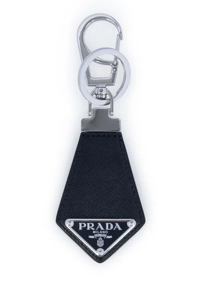 Prada Black Saffiano Key Holder With Logo In Brown