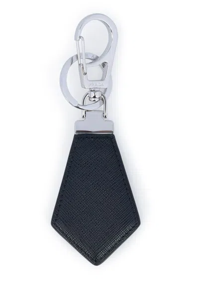 Prada Black Saffiano Key Holder With Logo In Brown
