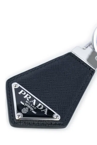 Prada Black Saffiano Key Holder With Logo In Brown