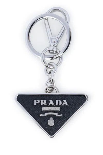 Prada Saffiano Leather And Metal Keychain Accessories In Gray