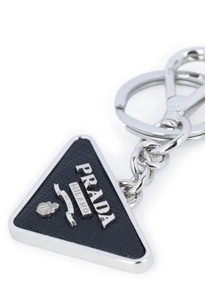 Prada Saffiano Leather And Metal Keychain Accessories In Gray