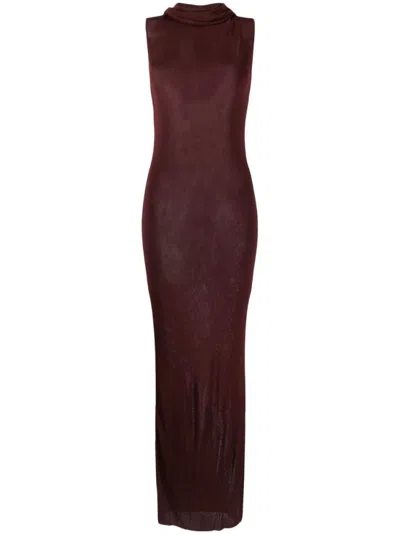 Saint Laurent Maroon Halter Neck Long Dress In Bordeaux