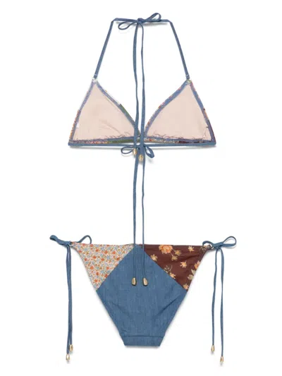 Zimmermann Lucky Patchwork Floral-print Cotton And Chambray Triangle Bikini