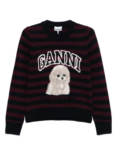 Ganni Graphic Wool Mix Poodle Stripe Crewneck Knitwear Multicolor In Multi