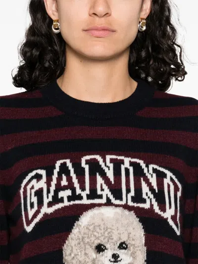 Ganni Graphic Wool Mix Poodle Stripe Crewneck Knitwear Multicolor In Multi
