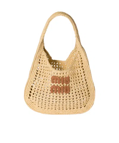 Miu Miu Raffia-effect Woven Hobo Bag In Sand