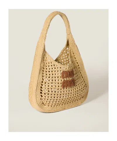 Miu Miu Raffia-effect Woven Hobo Bag In Sand