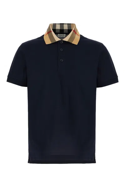 Burberry Men Check Collar Cotton Polo Shirt In Blue