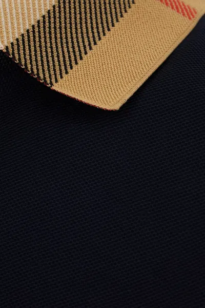 Burberry Men Check Collar Cotton Polo Shirt In Blue