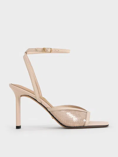 Charles & Keith - Sequin Mesh & Leather Ankle-strap Heeled Sandals