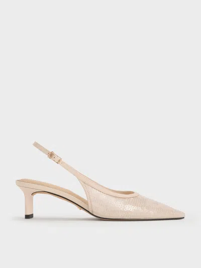 Charles & Keith - Sequin Mesh & Leather Slingback Kitten Heels