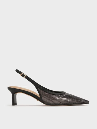 Charles & Keith - Sequin Mesh & Leather Slingback Kitten Heels