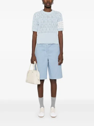 Thom Browne Womens Light Blue Pointelle Cable-knit Cotton T-shirt