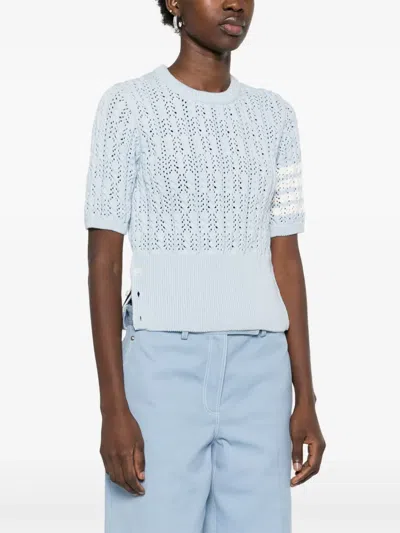 Thom Browne Womens Light Blue Pointelle Cable-knit Cotton T-shirt