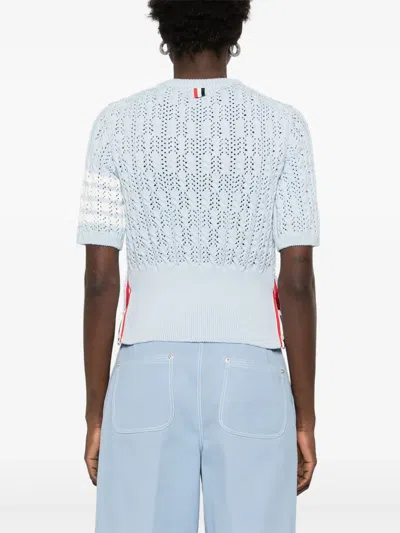 Thom Browne Womens Light Blue Pointelle Cable-knit Cotton T-shirt