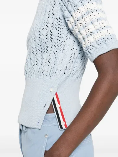 Thom Browne Womens Light Blue Pointelle Cable-knit Cotton T-shirt