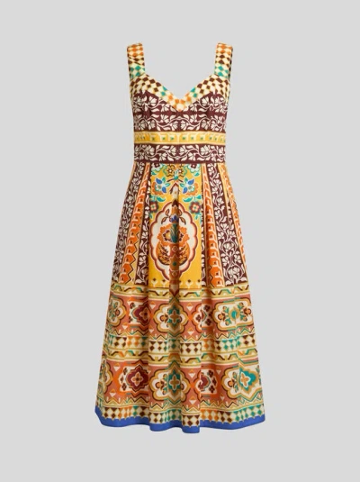 Etro Pleated Printed Cotton-poplin Midi Dress In Yellow