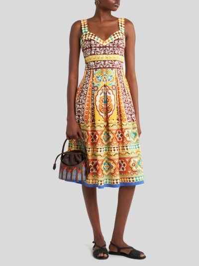 Etro Pleated Printed Cotton-poplin Midi Dress In Yellow