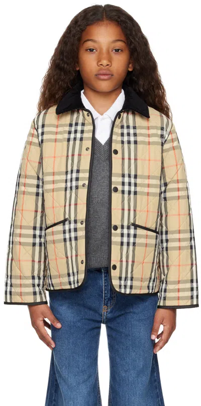Burberry Kids Beige Quilted Check Jacket In Brown