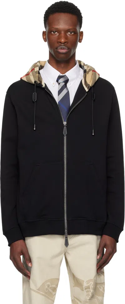 Burberry Cotton Check Pattern Drawstring Hooded Sweater With Front Zip In Black