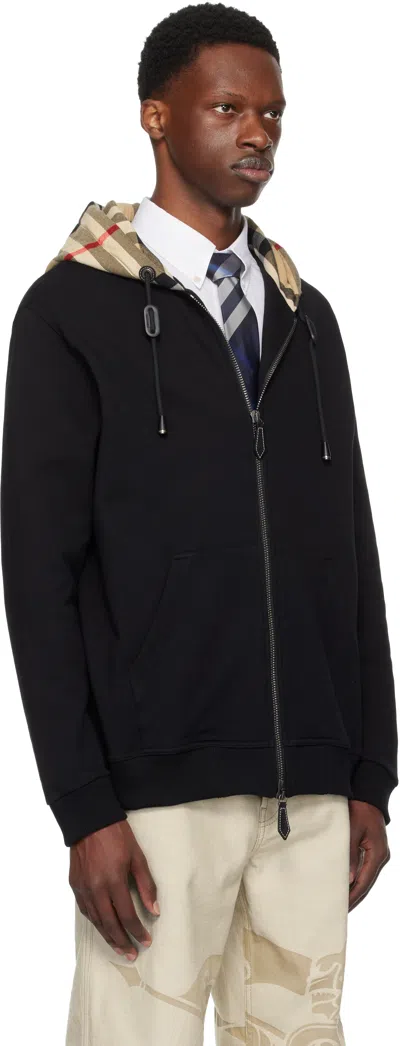 Burberry Cotton Check Pattern Drawstring Hooded Sweater With Front Zip In Black