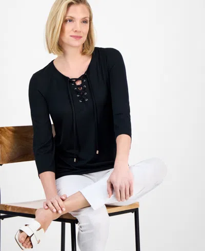 Jm Collection Petite Lace-up 3/4-sleeve Top, Exclusively At Macy's In Black