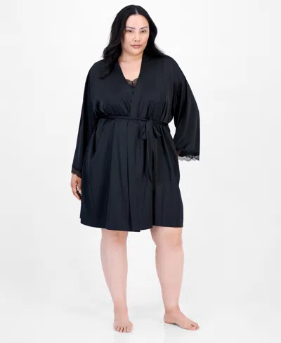 Inc International Concepts Plus Size Lace-trim Satin Wrap Robe, Exclusively At Macy's In Black