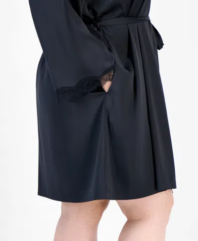 Inc International Concepts Plus Size Lace-trim Satin Wrap Robe, Exclusively At Macy's In Black