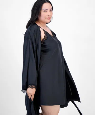 Inc International Concepts Plus Size Lace-trim Satin Wrap Robe, Exclusively At Macy's In Black