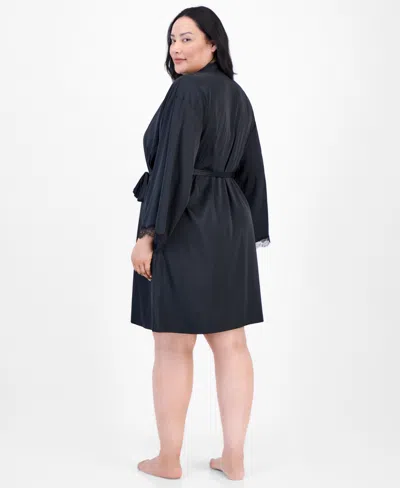 Inc International Concepts Plus Size Lace-trim Satin Wrap Robe, Exclusively At Macy's In Black