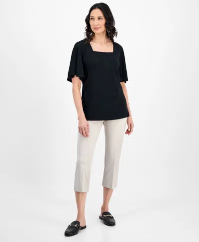 Jm Collection Petite Flutter-sleeve Square-neck Top, Exclusively At Macy's In Black