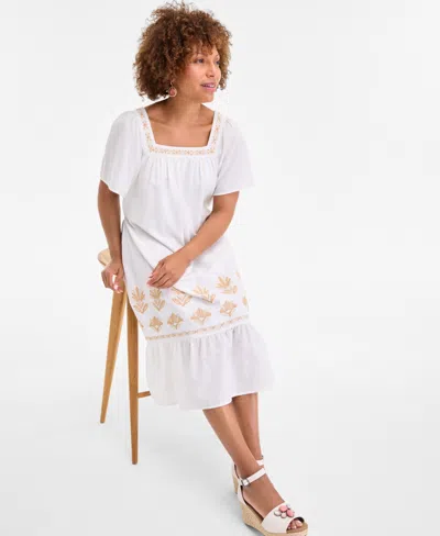 Style & Co Women's Cotton Gauze Embroidered-trim Square-neck Midi Dress, Exclusively At Macy's In White