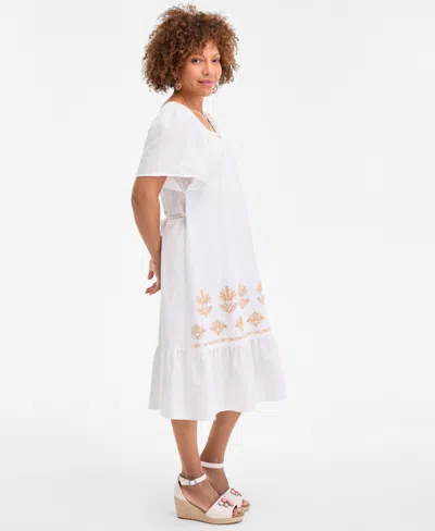 Style & Co Women's Cotton Gauze Embroidered-trim Square-neck Midi Dress, Exclusively At Macy's In White